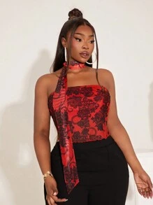 SHEIN SXY Plus Size Women's Black & Red Contrast Color Textured Print Mesh Crop Top (With Necktie) - Red - View 1