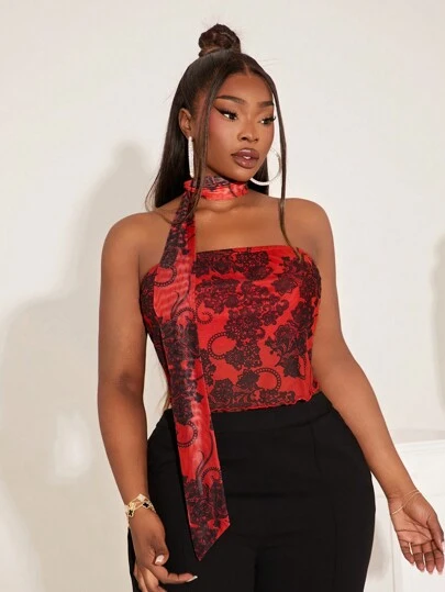 SHEIN SXY Áo crop top lưới in họa tiết màu tương phản đen đỏ cỡ lớn cho nữ (kèm cà vạt)
