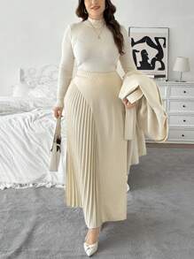 SHEIN Privé Plus Size Comfortable Casual Elegant Commuting Elastic Pleated Asymmetrical Patchwork Flared Midi Skirt, Versatile For Spring & Autumn - Apricot - View 4