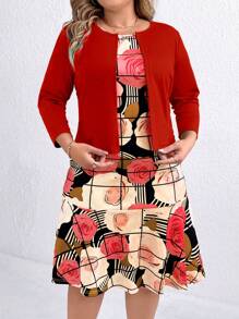 SHEIN Clasi 2 件大码优雅印花紧身鱼尾裙套装适合新年衣服 - 紅色 - 查看 4