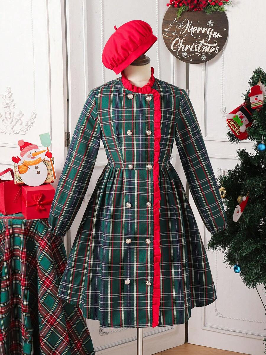 Tween Girls Classic Plaid Double Breasted Dress With Hood, Fashion British Style - Green - View 1