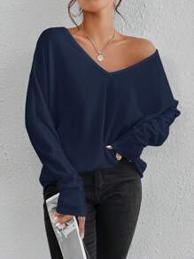 SHEIN Frenchy Áo thun tay cánh dơi cổ chữ V màu trơn, thường ngày mùa thu - Màu xanh hải quân - Xem 3