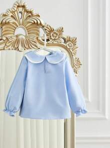 SHEIN Young Girl Doll Flower Collar Sweet Ruffle Long Sleeve Blouse, Spring/Autumn