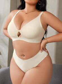 Conjunto de lencería sin costuras de talla grande para mujer, con sujetador sin aros push-up y pantie simplista sólido, 2 piezas, para el Día de San Valentín