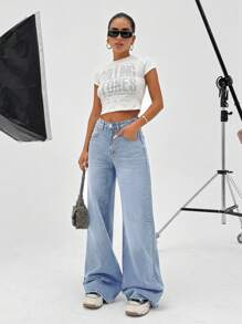 EURMUSE 100%Cotton HIGH RISE WIDELEG GREY WOMEN JEAN - Light Wash - View 3