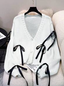 Calvaya Plus Size Women Casual V-Neck Long Sleeve Bowknot Tie Front Sweater Cardigan, Autumn/Winter Fall Cloth For Women - Apricot - View 1