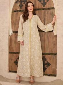 Al Najma Women's V-Neck Jacquard Textured Modest Elegant Turkish Dress, Arabic Traditional Long Dress, Spring/Summer, Kaftan