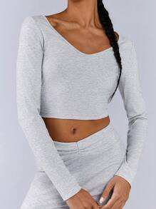 Athîral Women Casual Solid Color Long Sleeve Top And Leggings 2 Pieces Outfit - Light Grey - View 5