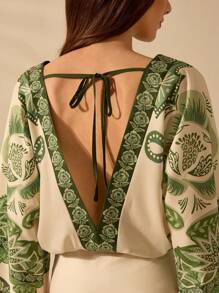 CAJUNI Women's Boho Green Tropical Plant Print, Deep V-Neck Apricot One-Piece Suit, Vacation Leisure Summer Beach Bodysuit - Multicolor - View 7