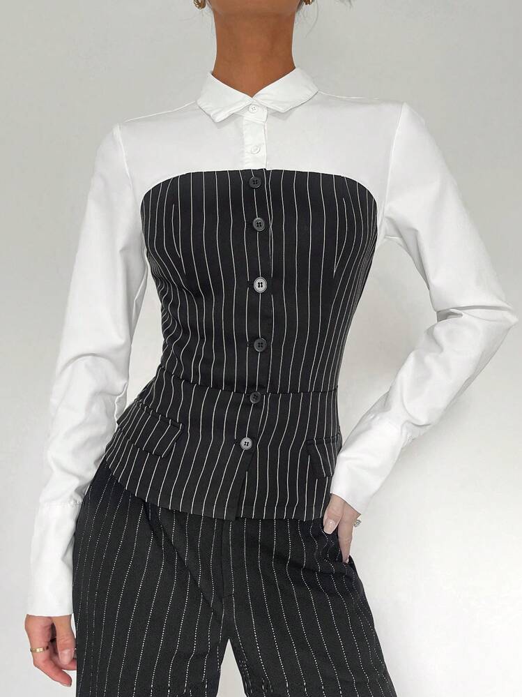SHEIN Essnce Office Siren 2 In 1 Spliced ​​Bra Shirt, Waisted Short Long-Sleeved Shirt, Office Commuting Wear - Black and White - View 3