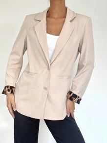SHEIN Essnce 女士纯色豹纹衬里西装外套，豹纹衬里，办公室着装，通勤，女士西装外套 - 杏色 - 查看 3