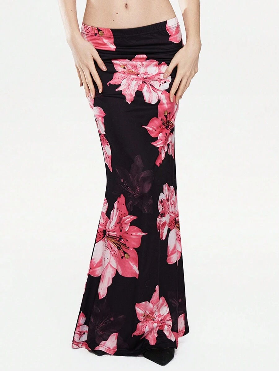 TRNVIE 1 chiếc váy bodycon đuôi cá họa tiết hoa thanh lịch cho nữ, váy dự tiệc gợi cảm cho mùa thu/đông - Hồng - Xem 1