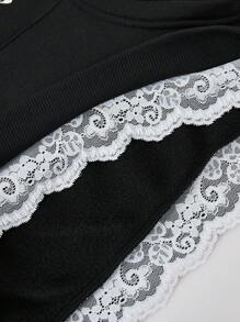 SHEIN EZwear 女士休闲蝴蝶结图案撞色蕾丝宽松运动衫连帽衫 - 黑色 - 查看 3