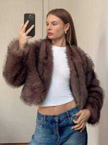 SHEIN EZwear Women Open Front Fluffy Coats In Fall/Winter - Rust Brown - View 3