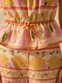 CAJUNI 女士波西米亚风热带花卉印花系带宽松背心，休闲假日夏季 - 彩色 - 查看 4