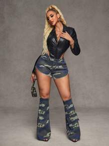 SHEIN BAE Women's Camo Print Pocketed Frayed Hem Casual Denim Shorts With Leg Warmers - Multicolor - View 6