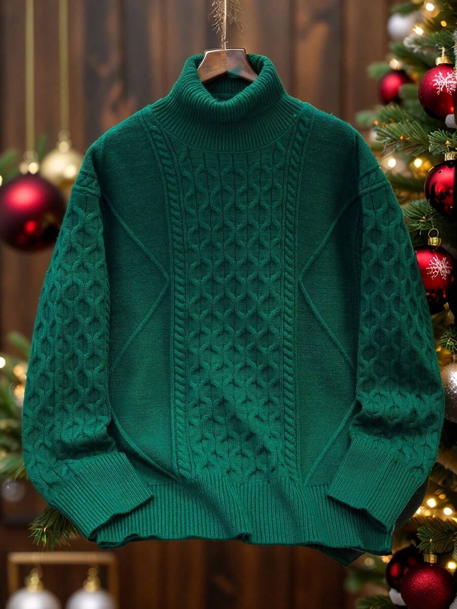 Tween Boy Kids Clothes, Commuter School Style Cable Knit Texture Christmas Green Collared Long Sleeve Sweater, Comfortable For Commuting, School, Casual Street Style, Party, Christmas Holiday, Outings And Play - Green - View 1