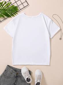 SHEIN 1 件女童黄色短袖上衣，休闲时尚设计，可爱外观，正面有黄色和白色 3D 植绒笑脸印花，牛奶丝面料舒适插肩圆领上衣，适合日常穿着、外出、旅行、室内和室外、夏季