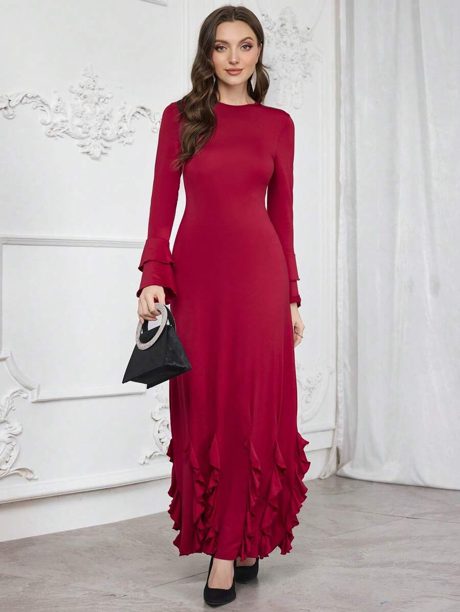 Modelyn Women's Bell Sleeve Ruffle Trim Fitted Dress Long Evening Dresses - Red - View 1