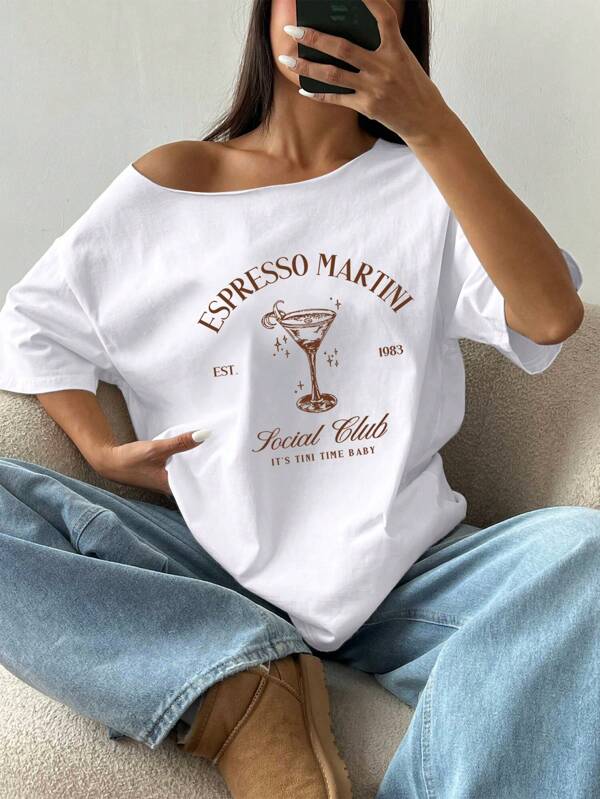 Flirla Oversized Loose Shoulder T-Shirt With "Espresso Martini" Slogan, Coffee Color, Spring