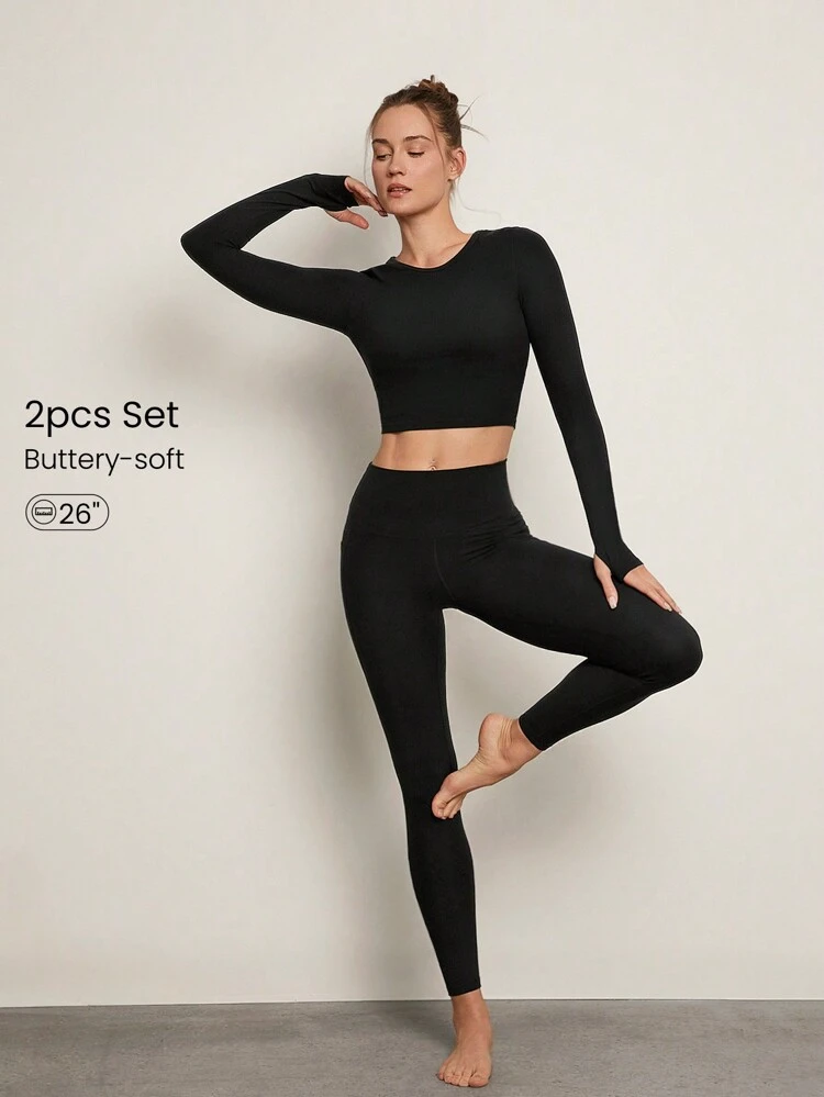 2 Pieces 26" FeatherFit™ Long Sleeves Cropped Thumbholes Bra And Flat Waist Leggings Matching Set Low Impact Yoga Pilates Daily Removable Cups