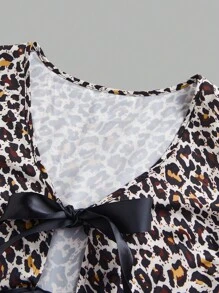 SHEIN Frenchy Plus Size Women's Leopard Print Bow Decor Long Sleeve Top And Skirt Set, Fashion Outfit For Autumn
