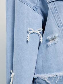 WESTFADE Faux Pearl Bow Embellished Cropped Denim Trucker Jacket