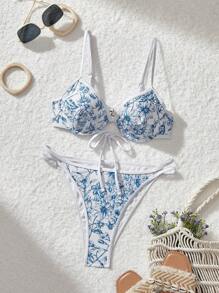 SHEIN MOD Conjunto de ropa de baño con estampado floral para mujer, conjunto de vacaciones, conjunto de vacaciones, conjunto sexy de mujer para cruceros, para el Día de San Valentín para las vacaciones de verano en la playa