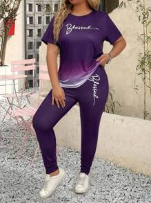 SHEIN LUNE 2pcs Plus Size Casual Print Round Neck Short Sleeve Set For Summer
