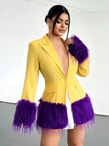 SHEIN SXY Kontrast-Farbiger Herbst/Winter Ball Party Blazer mit gelbem und lila Federdekor - Gelb - Übersicht 5