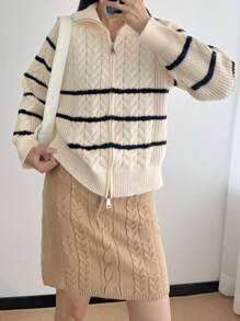 INAWLY Fashionable Knitted Cable Pattern Knitted Skirt, Versatile For Autumn/Winter - Khaki - View 4
