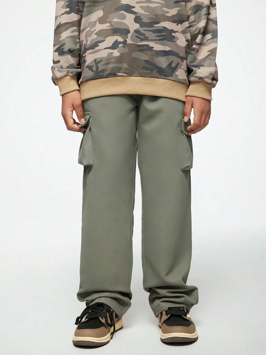 SHEIN Tween Boy Casual Loose Solid Color Cargo Pants, Suitable For Kids Everyday Wear, School, Gatherings, Skateboarding, And Playing - Army Green - View 1