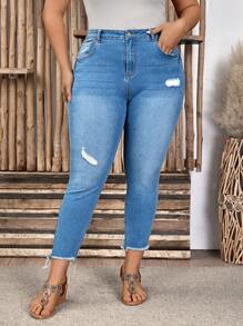 SHEIN LUNE Plus Size Women Ripped Pockets Skinny Fit Casual Versatile Jeans - Medium Wash - View 1