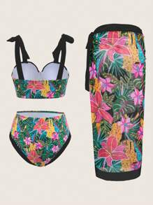 SHEIN Swim بيكيني مكون من 3 قطع مطبوع بطبعة نباتات استوائية مثير مع قطعة تغطية وتنورة، مناسبة للعطلات الشاطئية الصيفية