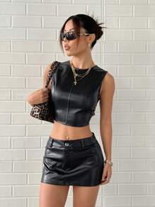 EgrlEra PU 皮革低背系带无袖上衣和迷你裙套装 - 黑色 - 查看 3