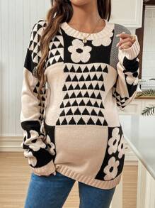 SHEIN Floral & Geometric Pattern Pregnant Women Long Sleeve Knitted Sweater, Winter