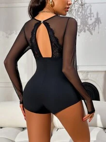 Sexy Sheer Mesh And Lace Patchwork Women's Sleepwear Jumpsuit