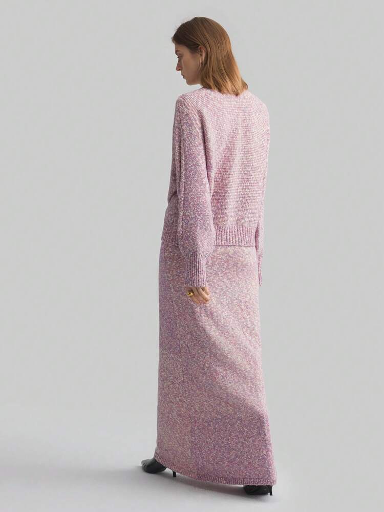 2pcs Women Spring Outfit Containing 4% Knitted, Featuring Lavender Button Front Cardigan & Floral Knitted Top. Casual Batwing Sleeve Sweater For Ladies.