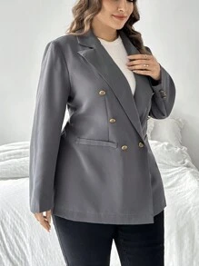 SHEIN Privé Blazer noir taillé pour femmes grandes tailles avec décorations métalliques et fausses poches. Décontracté et confortable pour le printemps et l'automne - Gris foncé - Voir 3