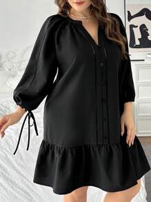 SHEIN Privé Plus Size V-Neck Shirt Style Short Loose A-Line Ruffle Hem Long Sleeve Casual Spring Autumn Dress, Women's Linen Black Midi Dress - Black - View 5