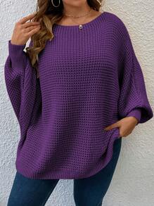 SHEIN LUNE 大码纯色套头毛衣，休闲优雅，适合日常穿着，秋冬针织套头衫 - 紫羅蘭色 - 查看 4