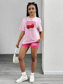 Conjunto de 2 piezas: Camiseta con estampado de cerezas + shorts ajustados para adolescentes, estilo todo a juego, versátil para usar en casa y al aire libre - Rosa - Ver 5