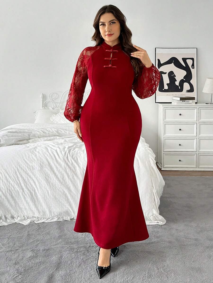 SHEIN Privé Váy xòe ren chắp vá phong cách tiệc mừng năm mới cỡ lớn màu đỏ rượu vang, thích hợp cho tiệc tùng & ăn uống, ngày lễ tình nhân - Đỏ - Xem 1