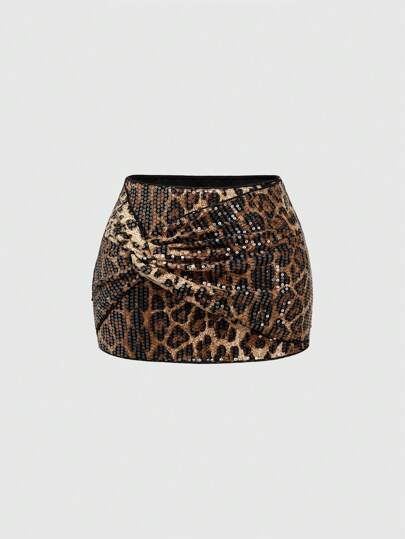 Grunge Punk Plus Size Y2K Subculture Leopard Print Sequin Low Waist Mini Skirt, For Carnival