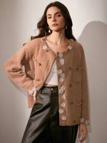 Anewsta Elegant Loose Floral Pocket Cardigan, High Quality Sophisticated Style Women Outfit For New Year