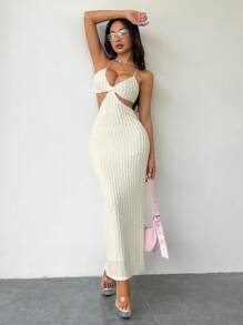 SHEIN Unity Đầm dài đơn giản hở lưng dây mảnh màu trơn cho nữ - Màu be - Xem 1