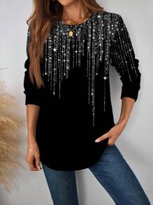 SHEIN LUNE Áo nỉ dài tay cổ tròn dáng rộng, lấp lánh và sequin tối giản, thoải mái dành cho nữ, thích hợp cho mùa thu đông, đêm giao thừa - Nhiều màu - Xem 4