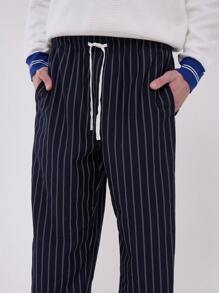 Musero Drawstring Elasticated Waistband Pinstripe Straight Leg Trousers SPRING SUMMER - Royal Blue - View 4