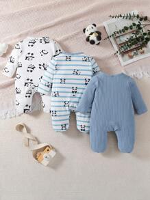 SHEIN 3 件套男宝宝休闲可爱熊猫条纹印花长袖连体睡衣 - 藍色 - 查看 2