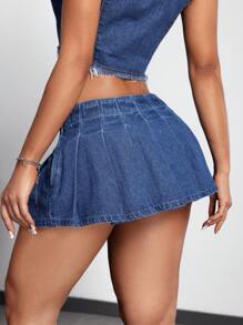 SHEIN ICON Women's Mini Denim Pleated Skirt With Rhinestone Decor